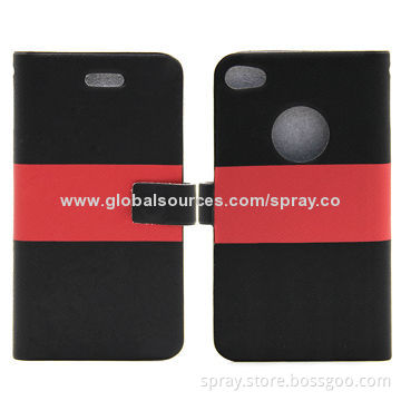 Classic Red and Black Stripe Flip Magnetic Protector Cover Leather Cases for iPhone 4/4S, OEM
